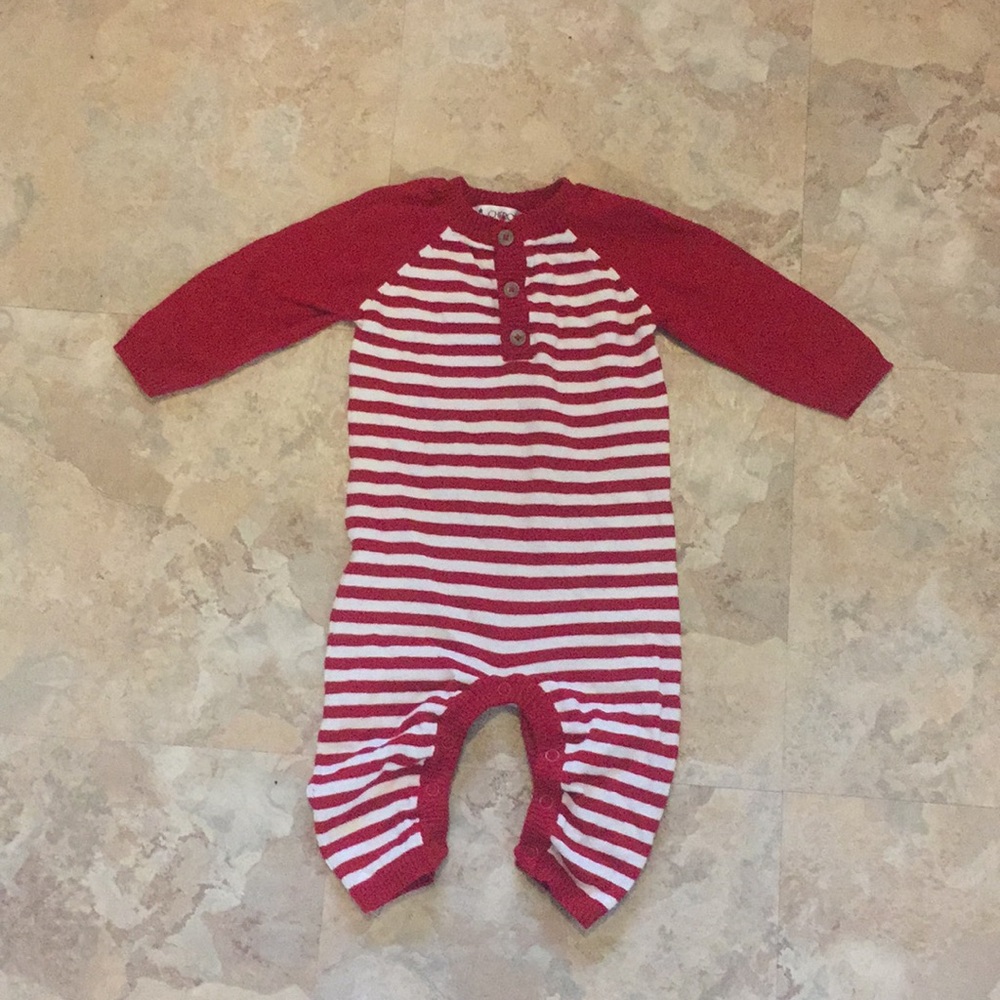 Red/white stripe knit coverall 3-6m
